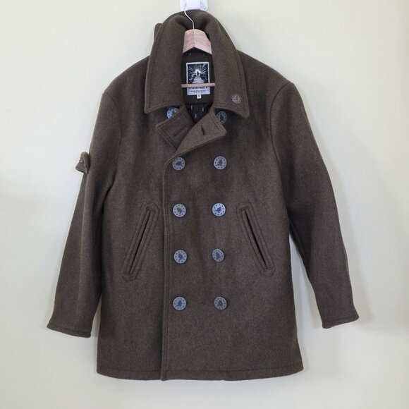 & Sons Other - & Sons Heavy Wool Blend Peacoat Mens M Military Green Elbow Patches Storm Collar